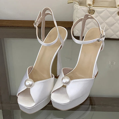Luxury Satin Pearl Detail Heeled Sandals Women Sexy Peep Toe Buckle Strap High Heels for Ladies Summer Elegant Platform Sandals