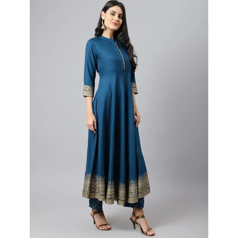 Indian Ethnic Wear Women Kurta Set Blue Printed Cotton Silk Suit Summer Traditional Salwar Kameez 3pcs Sets Breathable Outfit