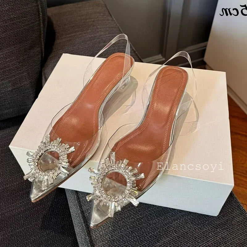Summer Crystal Flower High Heels Women Transparent PVC Cup Heels Sandals Pointed Toe Back Strap Sandalias Sexy Party Dress Shoes