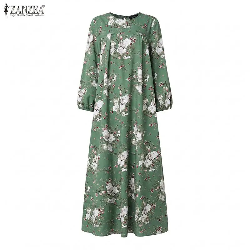 ZANZEA Muslim Abaya Women Bohemian Maxi Long Dress Floral Print Long Sleeve Round Neck Sundress Casual Loose Dresses Kaftan
