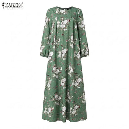 ZANZEA Muslim Abaya Women Bohemian Maxi Long Dress Floral Print Long Sleeve Round Neck Sundress Casual Loose Dresses Kaftan