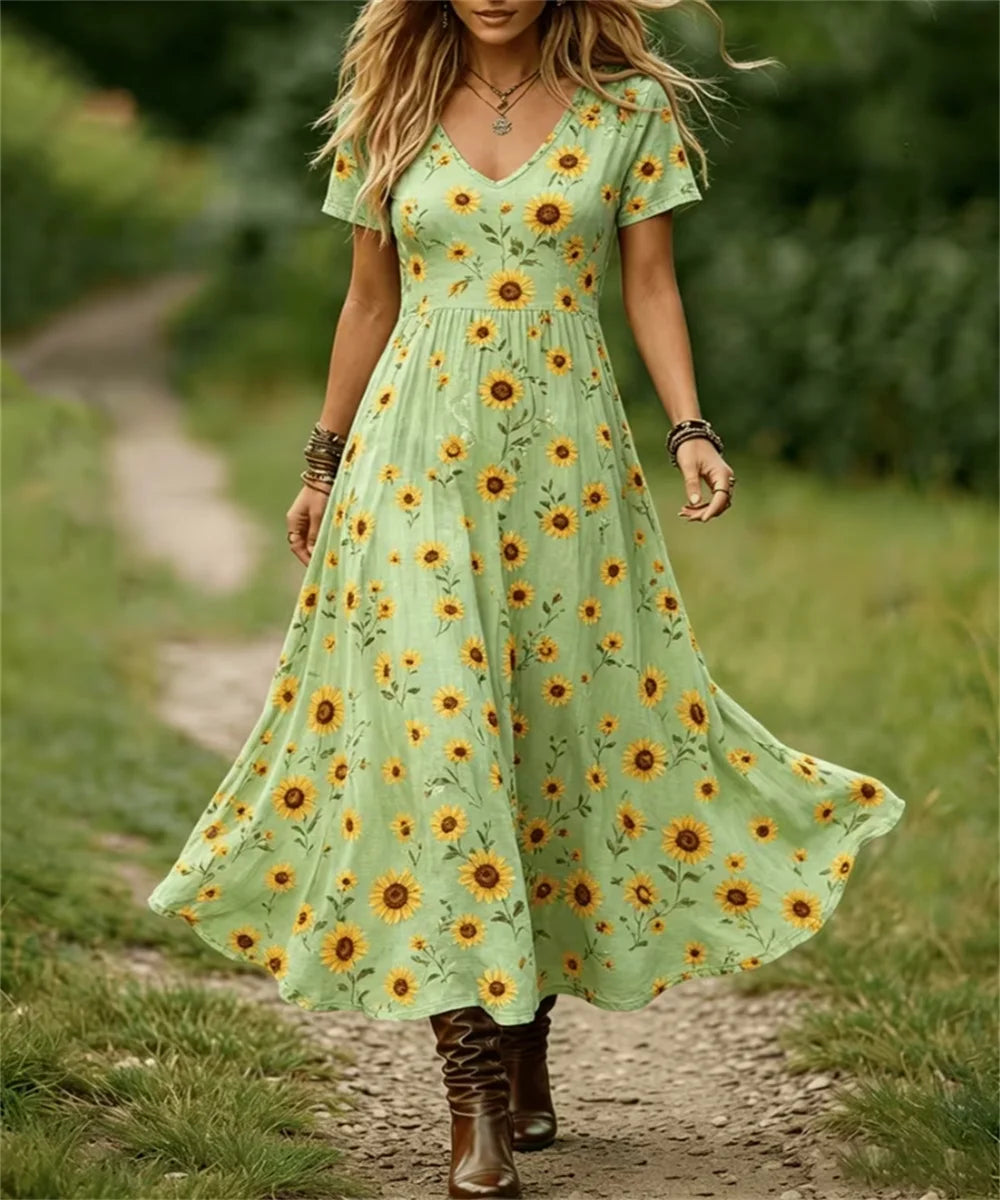Ladies' Summer New Elegant Bell shaped Orchid Printed Women's Casual Dress, Comfortable Retro Dress with V-neck Short Sleeve