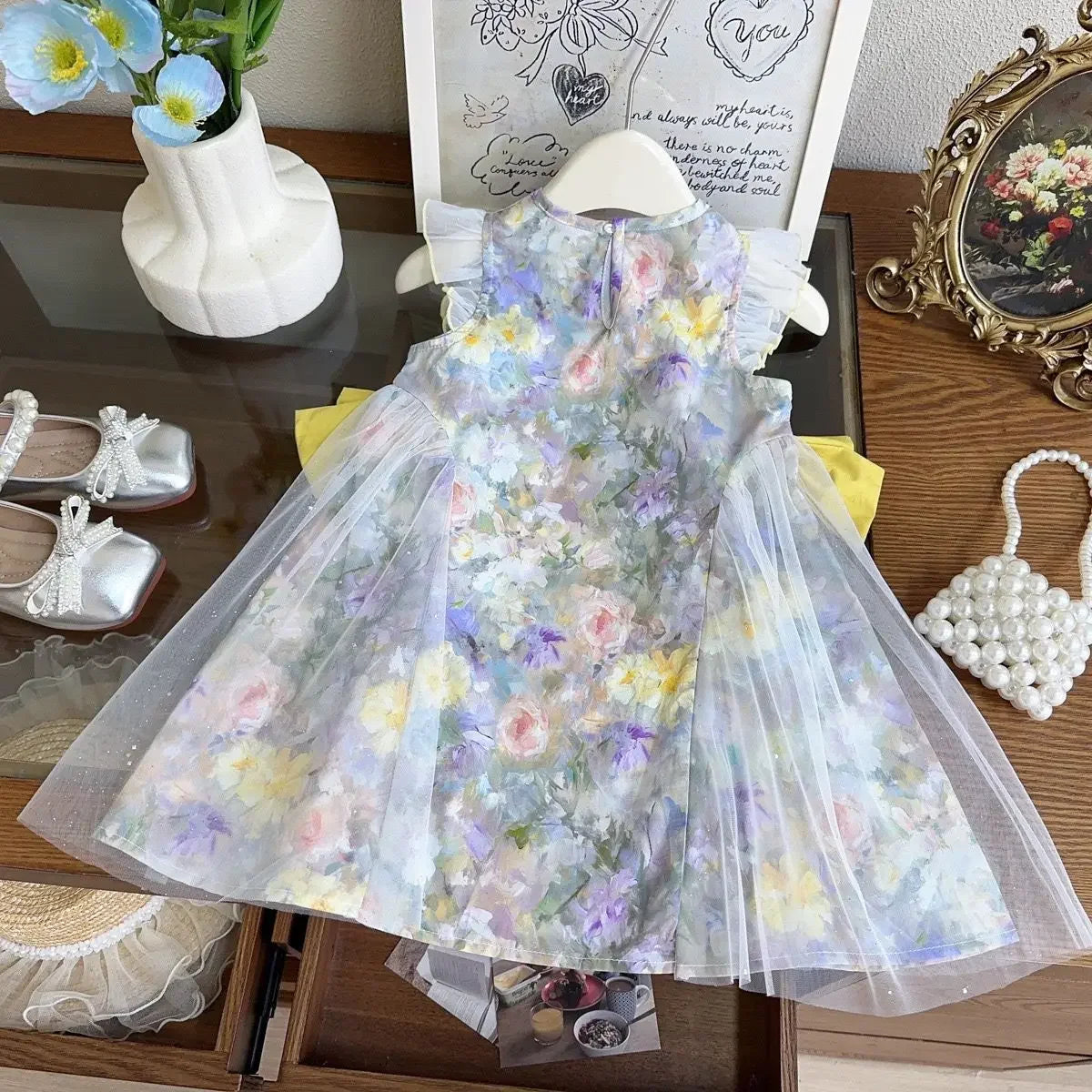Girls Casual Dresses Floral Printed Dress Bow Mesh Stitching Princess Dress Flower Girl Dresses Princess Dress for Girls
