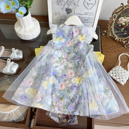 Girls Casual Dresses Floral Printed Dress Bow Mesh Stitching Princess Dress Flower Girl Dresses Princess Dress for Girls