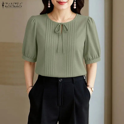 ZANZEA Elegant Solid Color Woman Blouses Lace Up O-Neck Short Puff Sleeve Pintuck Detail Women's Tops Summer Casual Blusas