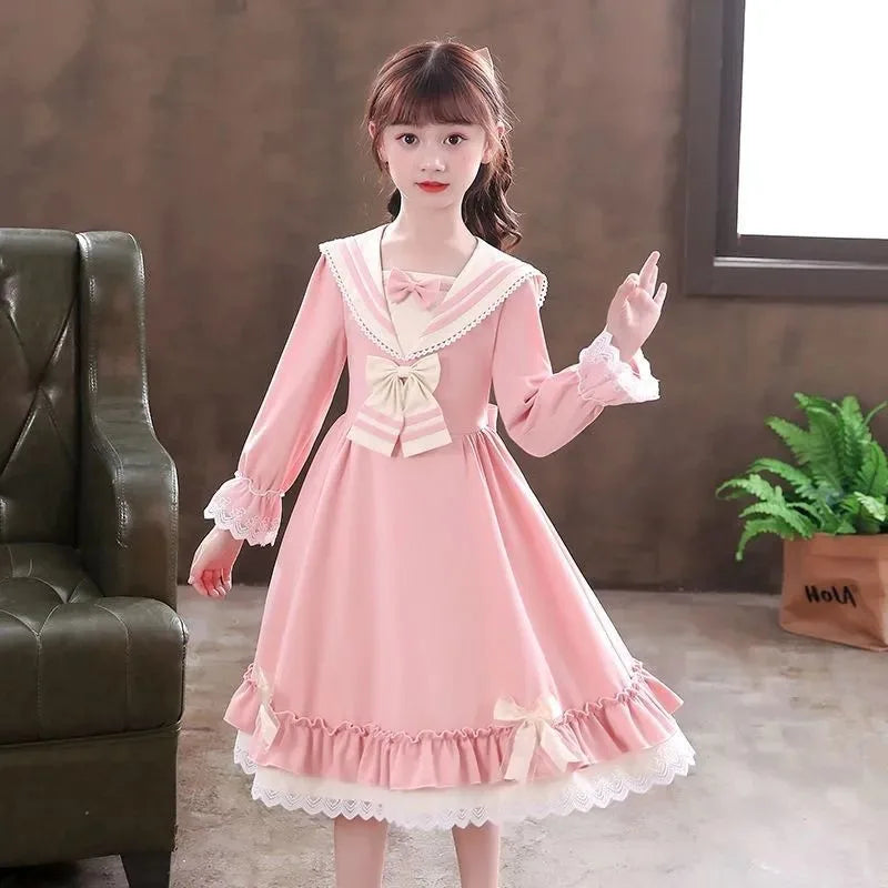 Girls' 2025 Spring/Autumn New Lolita Style Chic Bow Accented Long Sleeve Princess Dress for 4-12Y