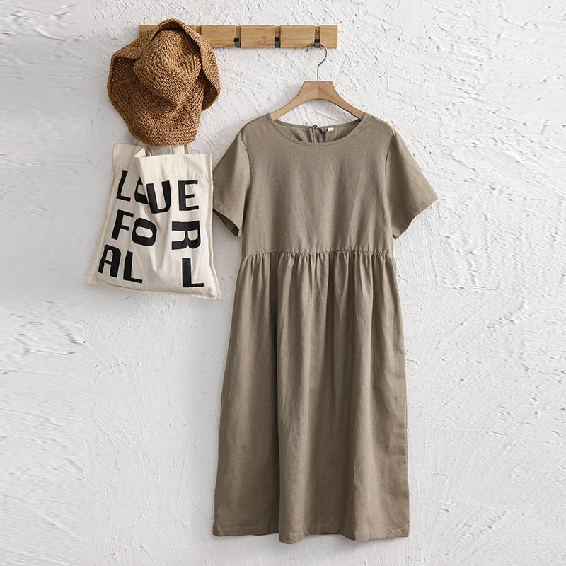Original Women Cotton Linen Midi Dresses Summer Chic Female Vestidos Loose Soild A-Line Dress Short Puffy Sleeve Casual Sundress