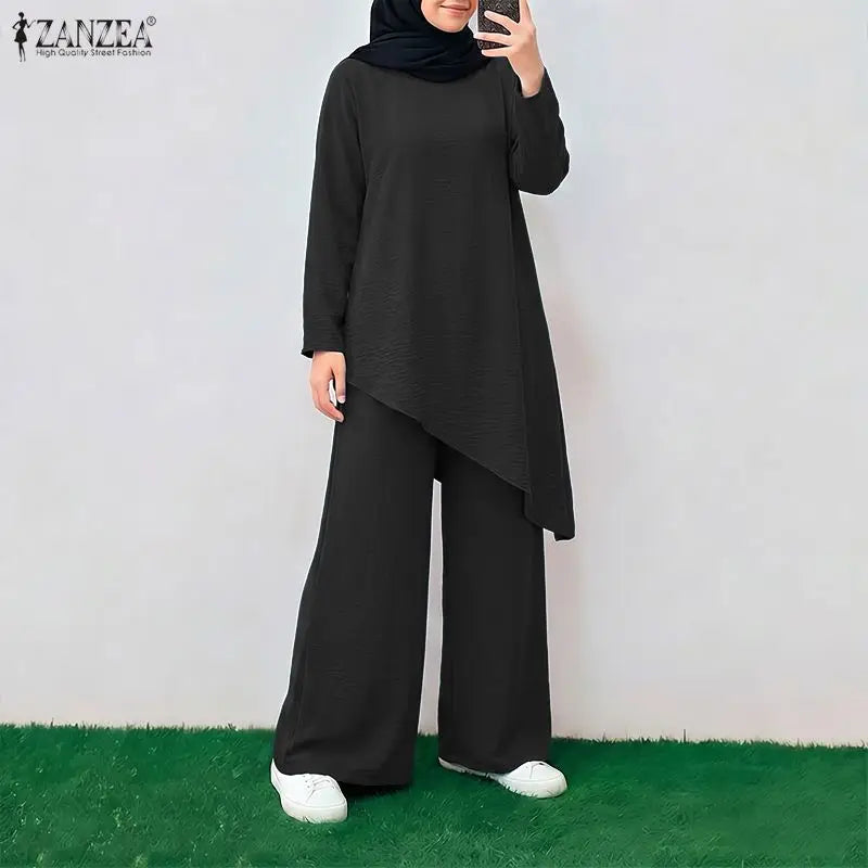 Ramadan Muslim Sets Outfit ZANZEA Modest Women 2 Piece Sets Casual O Neck Long Sleeve Tops Pant Sets Irregular Abaya Kaftan 2026