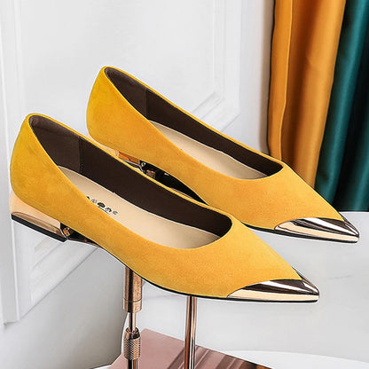 New Women Low Heeled Shoes Suede Ladies Shoes Metal Pointed Tip Women Shoes Comfort Female Shoes Low Heel Office Shoes 6 Color