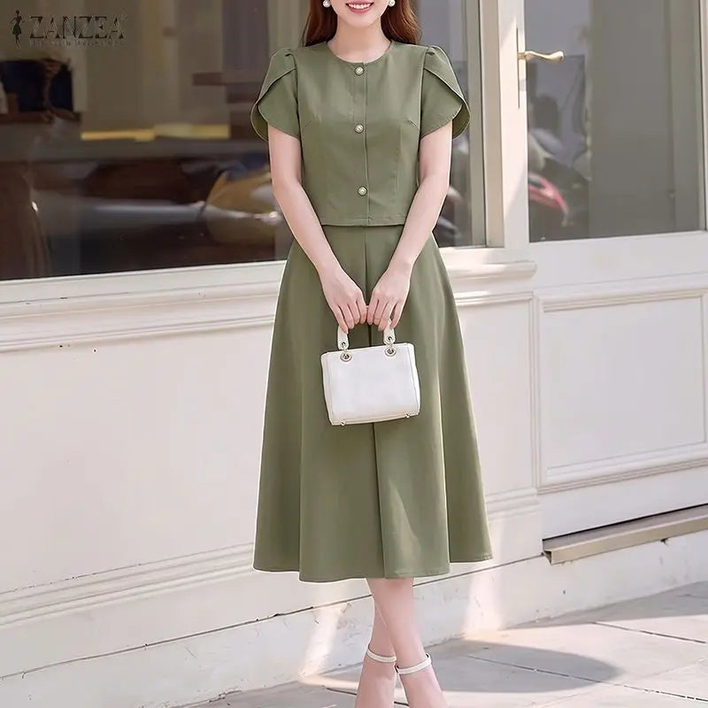 ZANZEA Women Elegant 2pcs Matching Skirt Sets O-Neck Petal Sleeves Tops & A-Line Midi Skirts 2 Piece Sets ZANZEA Dates Outfits