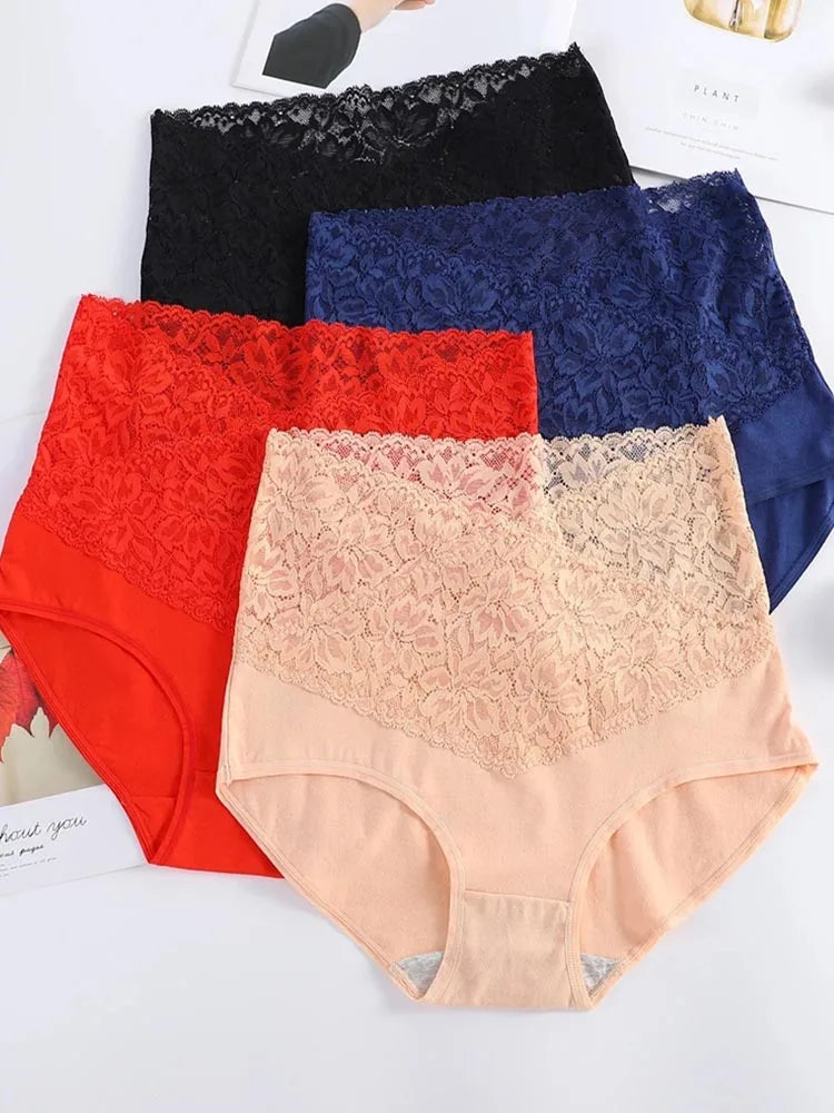 V-neck High Waist Underwear Women Cotton Lace Panties Hot Temptation Girls Belly Briefs