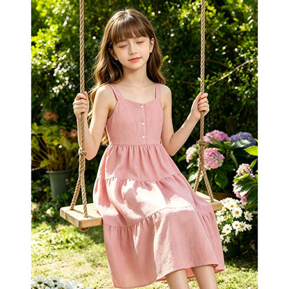 Girls 8-12 Green Summer Dress, Sleeveless Tiered Design with Back Bow & Elastic Waist, Casual Kids Wear