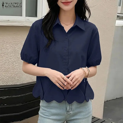 ZANZEA Heart-Shaped Detailing Short Shirt Women Short Puff Sleeve Turn-Down Collar Button Up Top Summer Streetwear Camisas Mujer