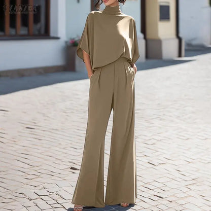 ZANZEA Summer Matching Stes Fashion Women Half Sleeve Blouse Wide Leg Pants Sets Casual Solid OL Work Outfits 2 Pieces Tracksuit