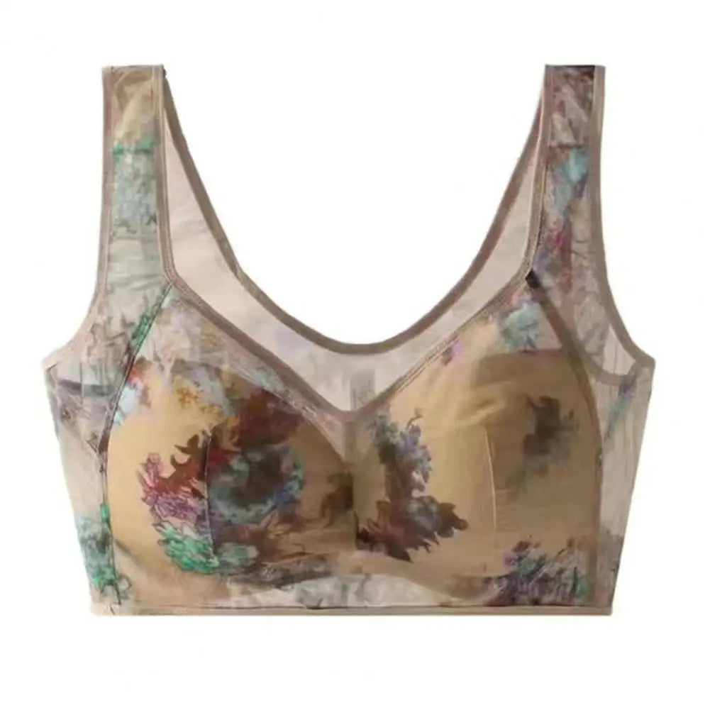 Mid-aged Women Bra Mesh Thin Plus Size Floral Print Wide Shoulder Strap Anti-snagging Push Up Seamless Mother Bra 90%