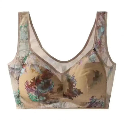 Mid-aged Women Bra Mesh Thin Plus Size Floral Print Wide Shoulder Strap Anti-snagging Push Up Seamless Mother Bra 90%