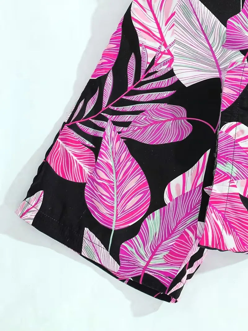 Girls Tropical Jumpsuit – Black Sleeveless Top with Pink Leaf Print Wide Leg Pants Romper for Summer