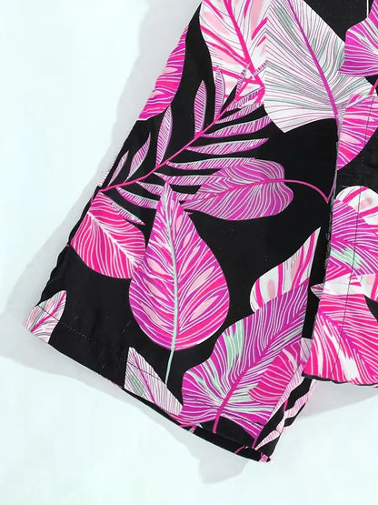 Girls Tropical Jumpsuit – Black Sleeveless Top with Pink Leaf Print Wide Leg Pants Romper for Summer