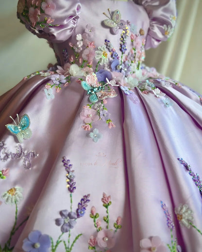Flower Girl Dress Satin 3D Floral Butterfly Puff Sleeve Ball Gown Wedding Gown First Christmas Party Dress For Girlsفساتين