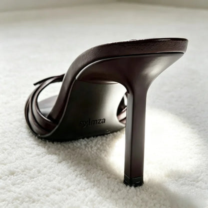 Fashion Metal Buckle Detail Mule Sandals Women Burgundy Patent Leather Stiletto Slide Sandals Sexy Open-toe Pointed-toe Heels