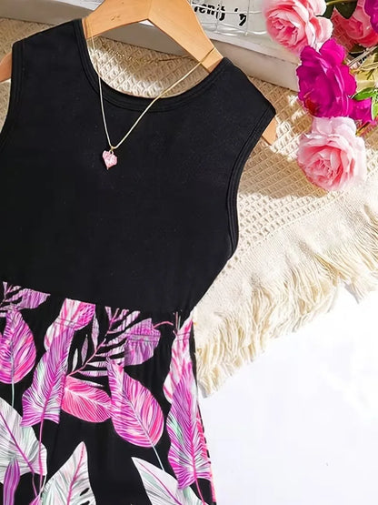 Girls Tropical Jumpsuit – Black Sleeveless Top with Pink Leaf Print Wide Leg Pants Romper for Summer
