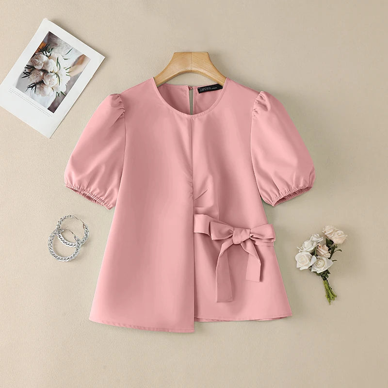 ZANZEA Women Elegant Chic Tied Waist Blouses O-Neck Short Puff Sleeve Solid Color Tops Summer Fashion Blusas de Mujer Streetwear