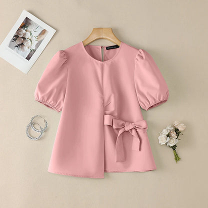 ZANZEA Women Elegant Chic Tied Waist Blouses O-Neck Short Puff Sleeve Solid Color Tops Summer Fashion Blusas de Mujer Streetwear