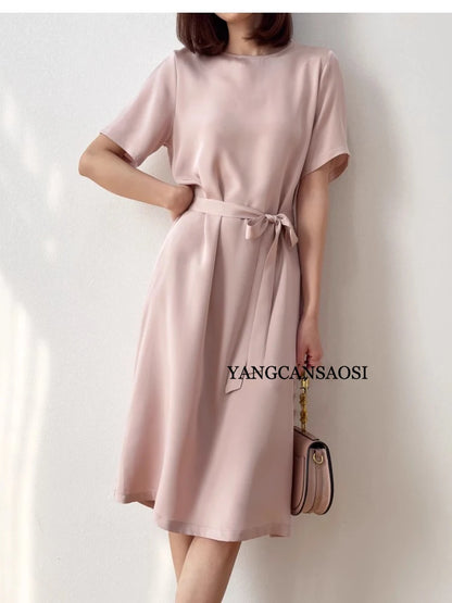 2026 Summer New 26MM 93%Natural Mulberry Silk Elastic Heavy Wrinkle Round Neck Short Sleeve Straight Mid Length Women's Dress