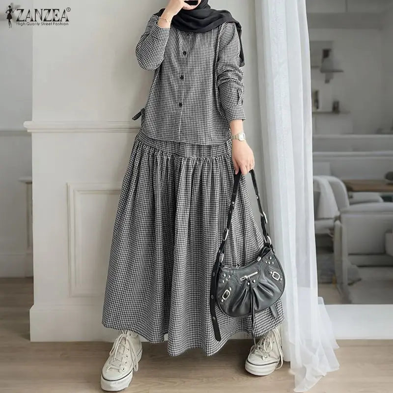 2026 ZANZEA Summer Women Long Sleeve Shirt Dress Sets Muslim 2 Piece Sets Hijab Outfits Casual Striped Work Skirt Suit Ramadan