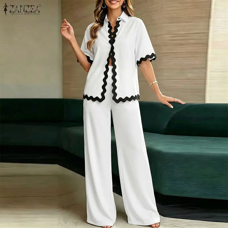 Stylish Women 2 Pieces Sets ZANZEA Summer Lapel Neck Short Sleeve Blouse Trousers Suit Contrast Color Wave Cut Office OL Outfits