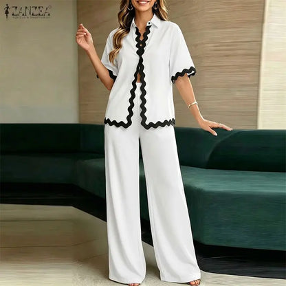 Stylish Women 2 Pieces Sets ZANZEA Summer Lapel Neck Short Sleeve Blouse Trousers Suit Contrast Color Wave Cut Office OL Outfits