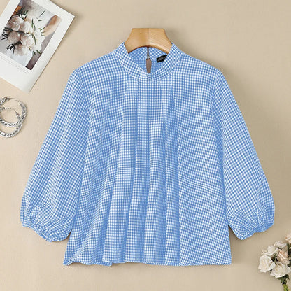 ZANZEA Vintage Gingham Pleated Blouses Woman Mock Neck 3/4 Lantern Sleeves Loose Tops 2026 Autumn Casual Daily Wear Blusas Mujer