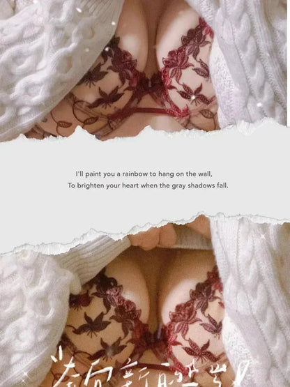 BANERDANNI Victorian Style Plus Size Red Lace Bra Set Sexy Underwire Support for Big Breasts Women's Elegant Lingerie Bow Design