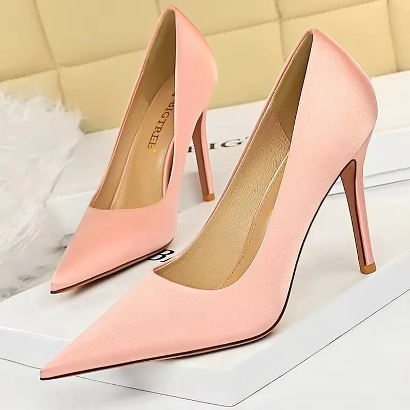 BIGTREE Shoes Silk Satin Woman Pumps Fashion High Heels 2026 New Stiletto 10 Cm Heels Sexy Party Shoes Lady Pumps Large Size 43