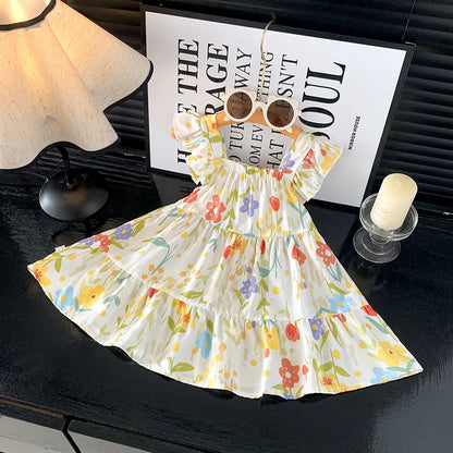 2026 Summer Girls Flutter Sleeve Dress Kids Printed Tiered Princess Dresses for 1-12Y Children Vacation Clothes