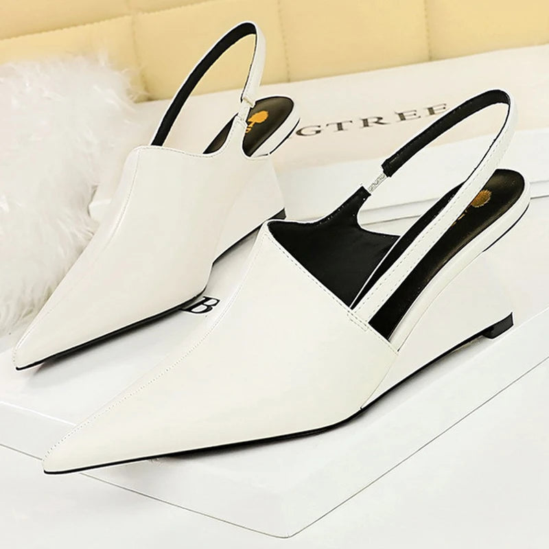 BIGTREE Shoes Women Pumps New Designer Wedge Heels Shoes Hollow Back Strap Sandals Women Shoes Pointed End Wedges Office Shoes