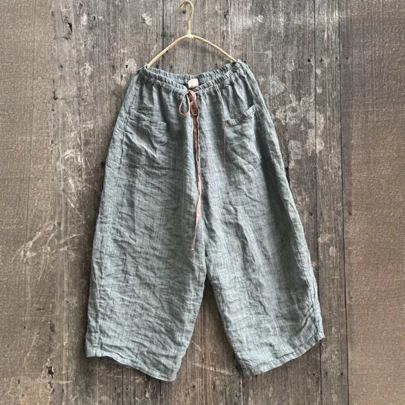 Women's Striped Linen Pants Autumn 2025 Wide Leg Vintage Style Loose Pants Pockets Breathable Woman Clothing Casual Trousers