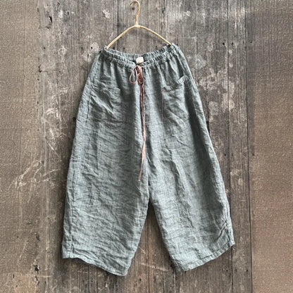 Women's Striped Linen Pants Autumn 2025 Wide Leg Vintage Style Loose Pants Pockets Breathable Woman Clothing Casual Trousers