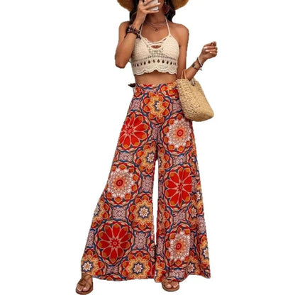Women High Waist Boho Floral Wide Leg Pants Casual Loose Palazzo Trousers Summer Beach Vacation Pants