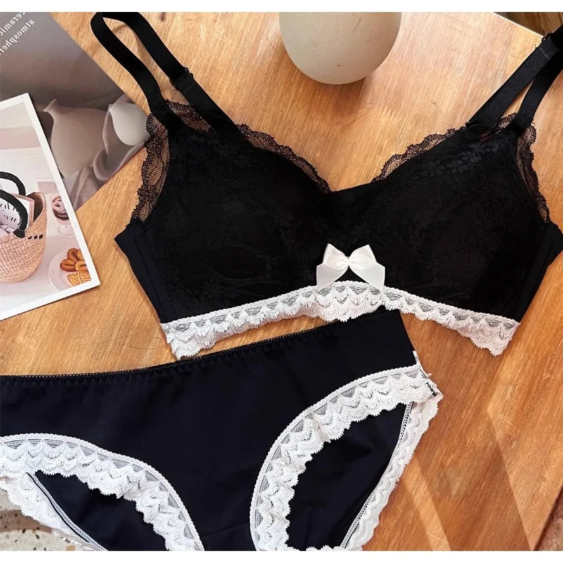 French Lace Bra Wireless Push Up Bralette for Small Bust Adjustable Straps Anti Sagging Support Sexy Lace Up Lingerie Panty Set