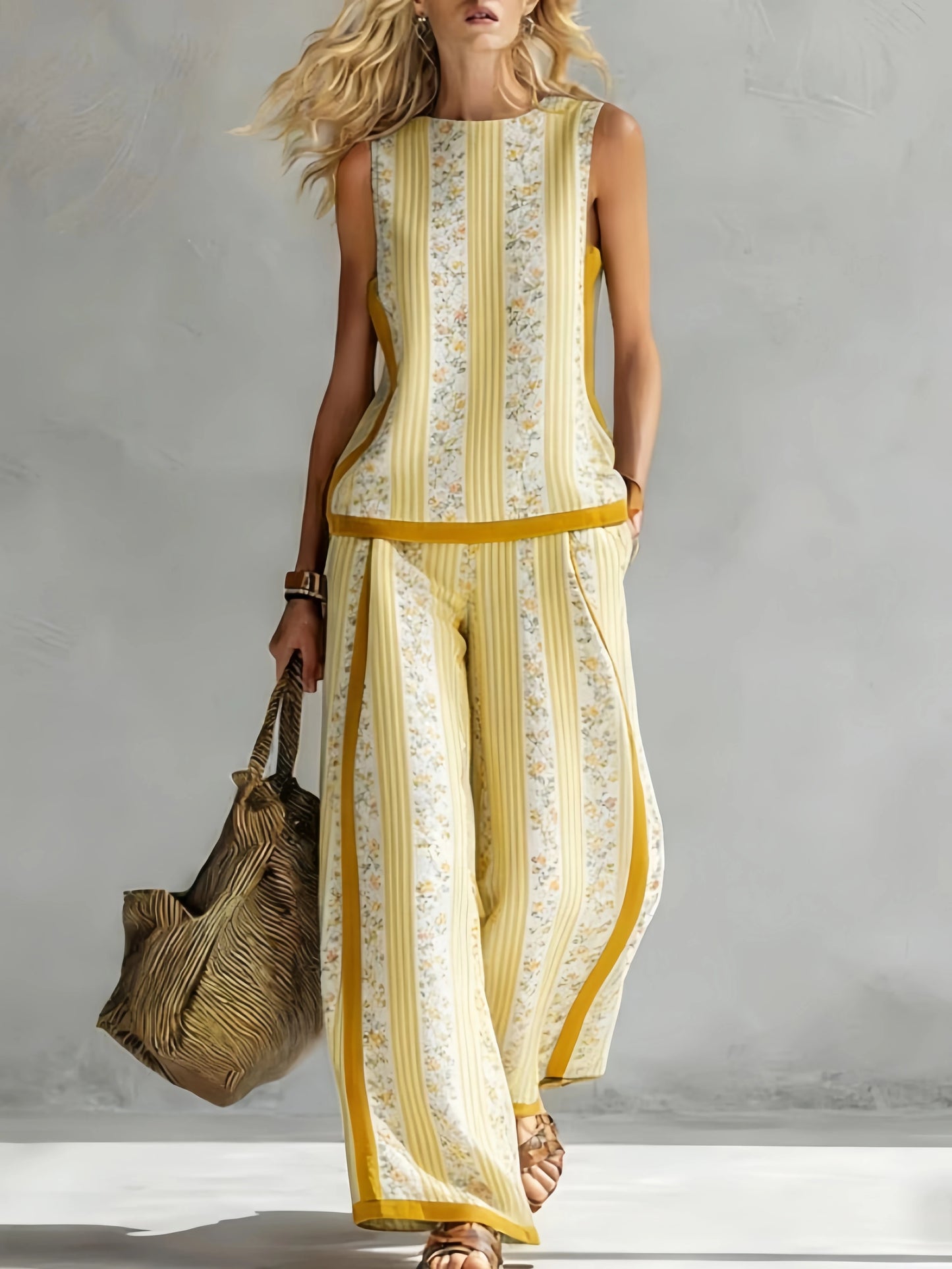 Fashion Retro Printed Sleeveless Tops Trousers 2-piece Set Women's Summer Casual Vest Loose Wide Leg Trousers Female Suit Pocket