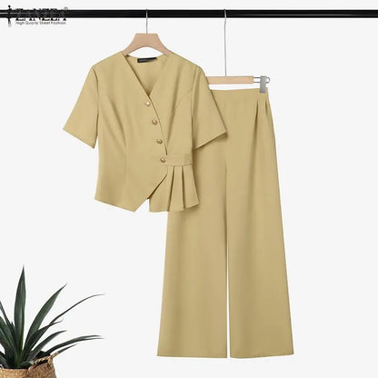 ZANZEA Summer 2 Pieces Sets Elegant V Neck Short Sleeve Blouse Pant Sets 2026 Stylish Women OL Work Outfit Solid Color Tracksuit