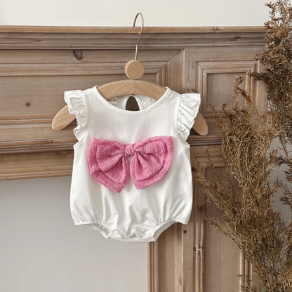 Cute Pink Bow Baby Girl Pure White Romper Sleeveless Jumpsuit Infant Clothing Cotton Soft Fabric Baby Clothes