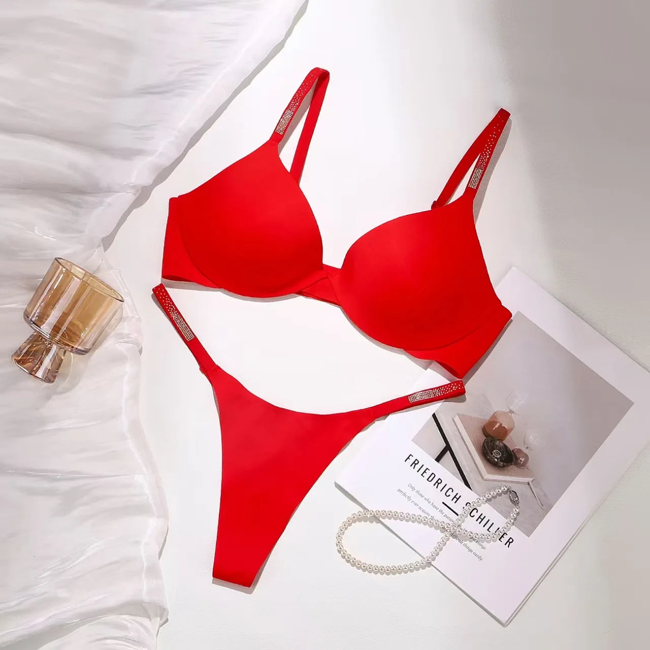 Rhinestone Sexy Bra Set Bralette Girls Underwear Brassiere Fashion Thong Gather Bras Lingerie Panty Sets