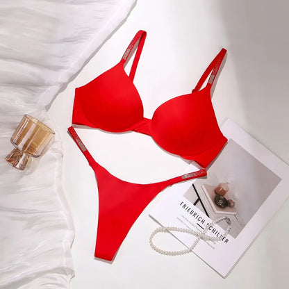 Rhinestone Sexy Bra Set Bralette Girls Underwear Brassiere Fashion Thong Gather Bras Lingerie Panty Sets