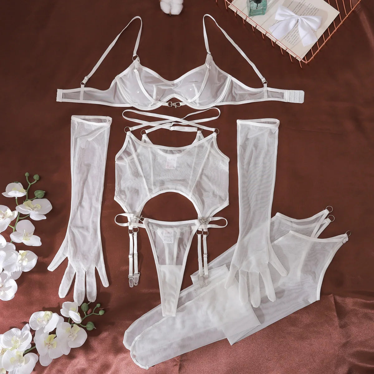 Sexy Mesh Breathable Lingerie Stockings Women's Shaping Ultra-thin Split Underwear Set Female Solid See Through Bra & Brief Sets