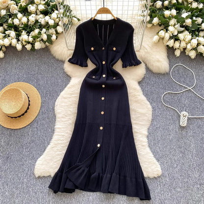 YuooMuoo Brand Fashion Vintage Knitted Long Dress Spring Summer Women Elegant V-neck Ruffled Bodycon Sweater Dress Party Vestido