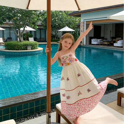Boho Summer Kids Girls Beach Dress RAISE Flower Embroidery Children Girls Sleeveless Dress Loose 2-10Yrs Girls Vacation Dresses