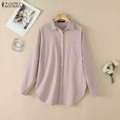 ZANZEA Woman Rounded Hem Long Shirts Casual Turn-Down Collar Long Sleeve Button Up Blouses Autumn Solid Chemise Femme Streetwear