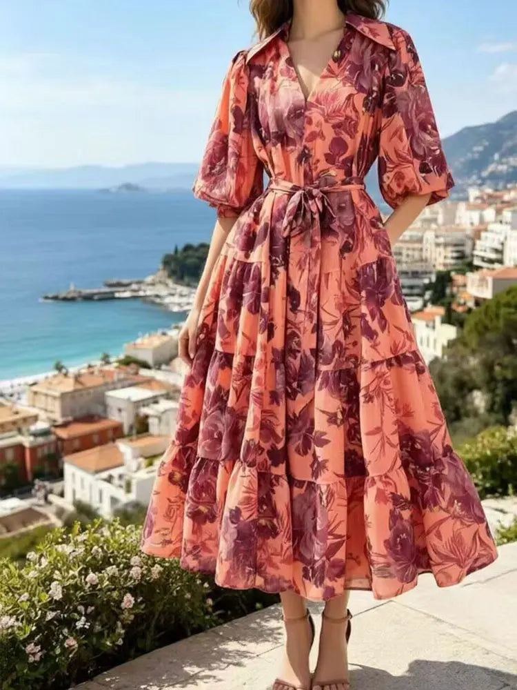 2026 Summer women's new lapel bubble short sleeve printing waist lace-up dress temperament French elegant swing holiday dress.